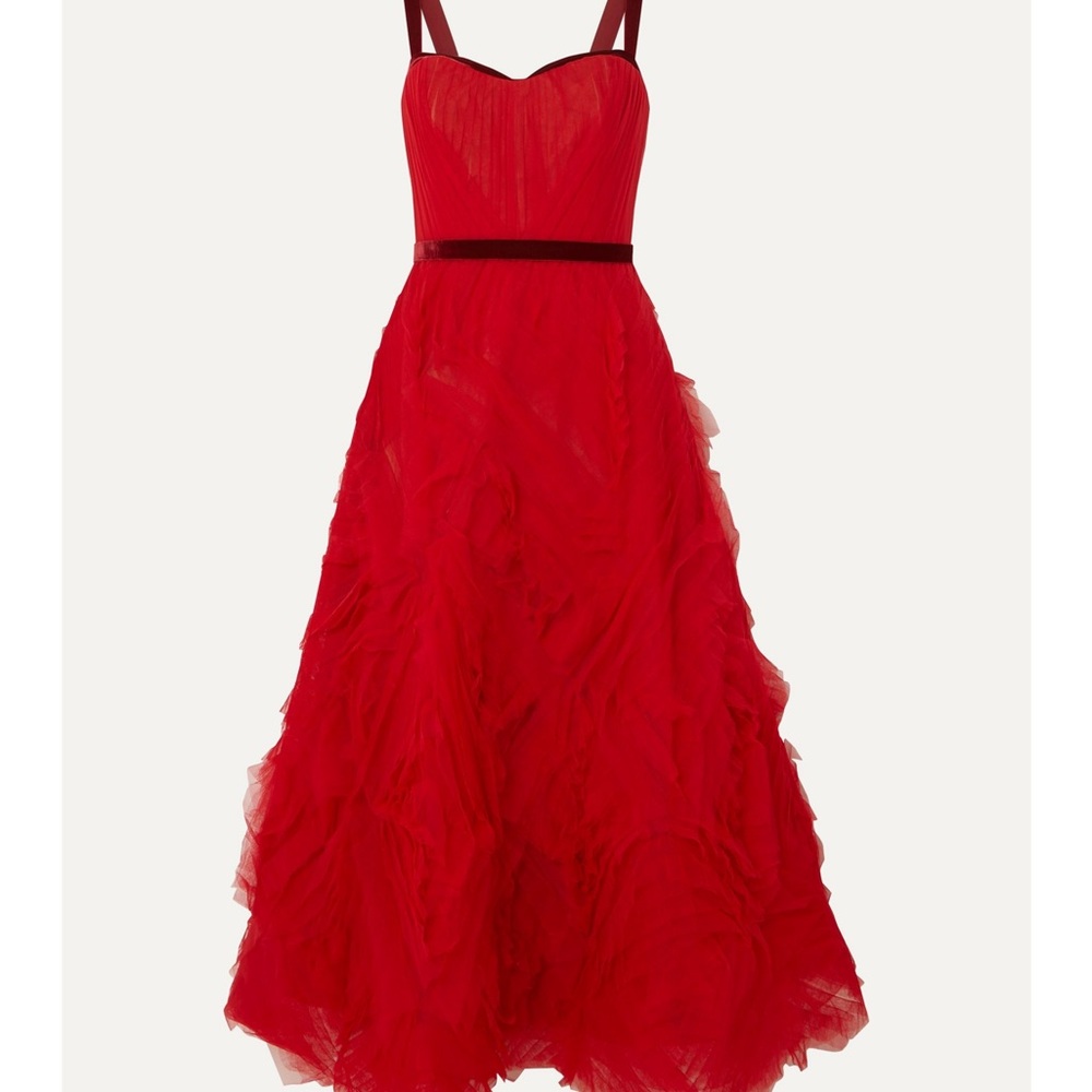 Marchesa Notte Embellished Tulle Red Tea Length Dress